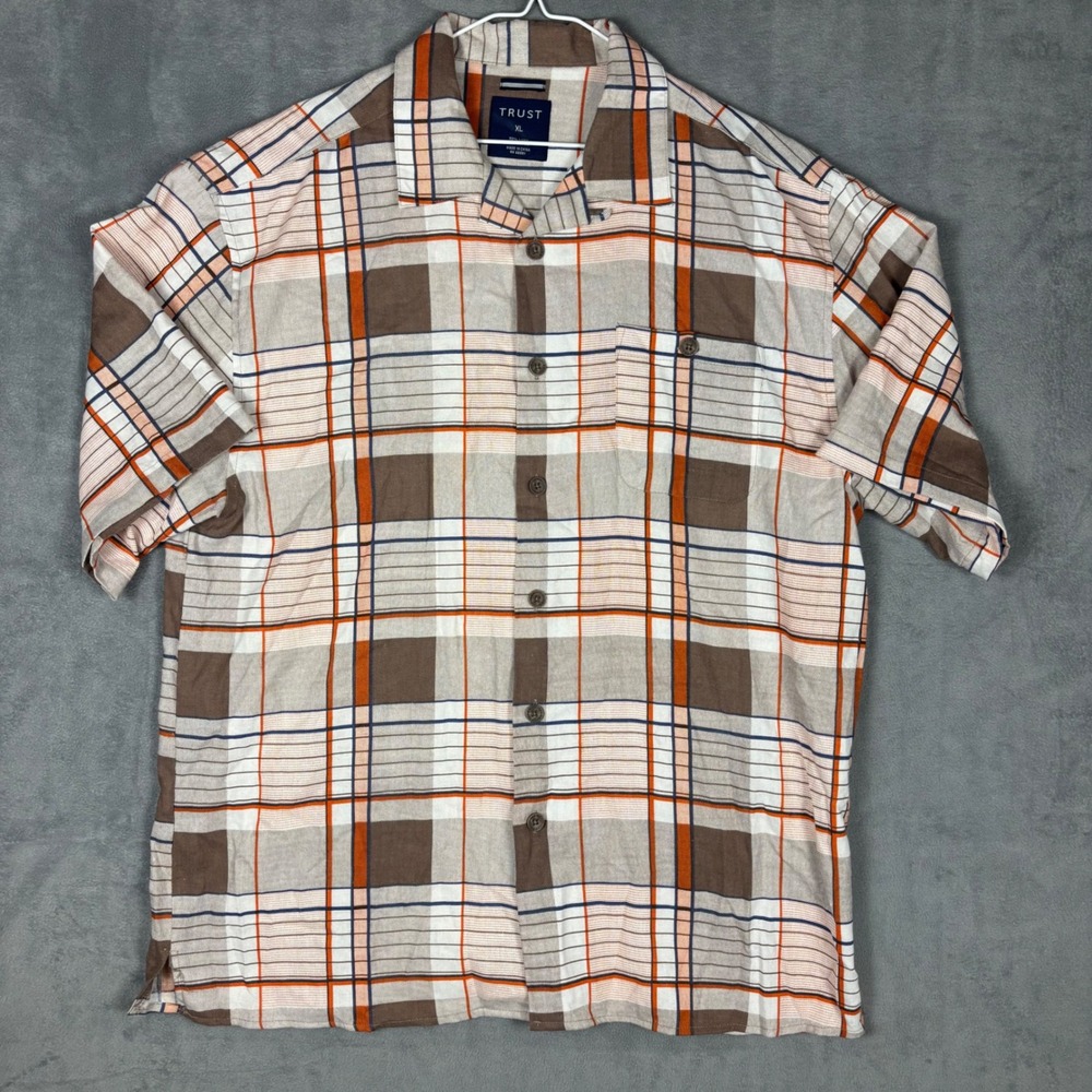 Trust Mens XL Plaid Button Up Shirt Brown Orange Linen Blend Short Sleeve Y2K